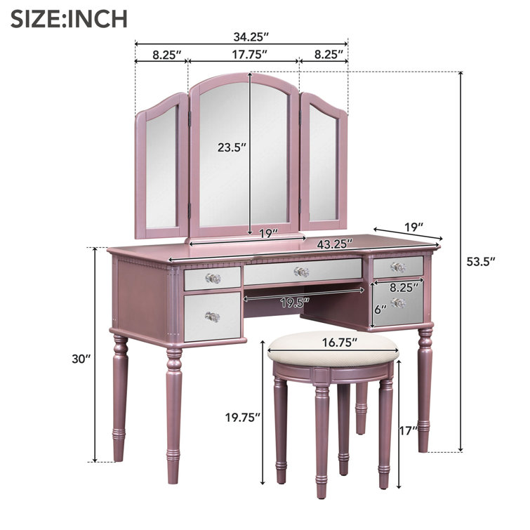 Rosdorf Park Kayme Dressing Table Set with Mirrored Drawers and